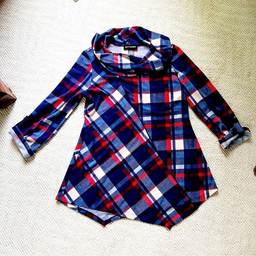 Soft Works Tunic Petite Small Plaid Blue Navy Red White Cowl Neck EUC